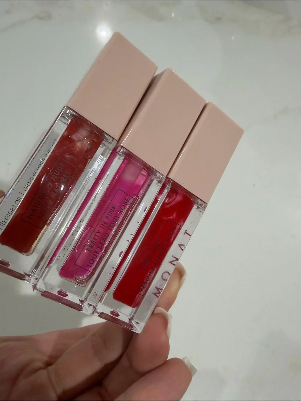 Monat Rejuveniqe Lip Gloss Oil Trio — Red, Pink, Coral Shades